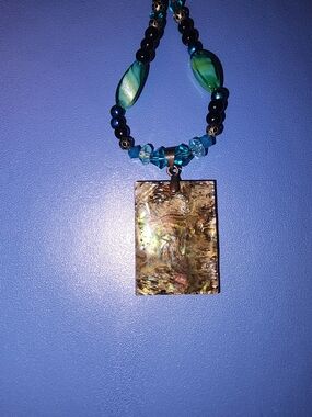 Iridescent Abalone Rectangular Pendant Necklace in Blue-Green